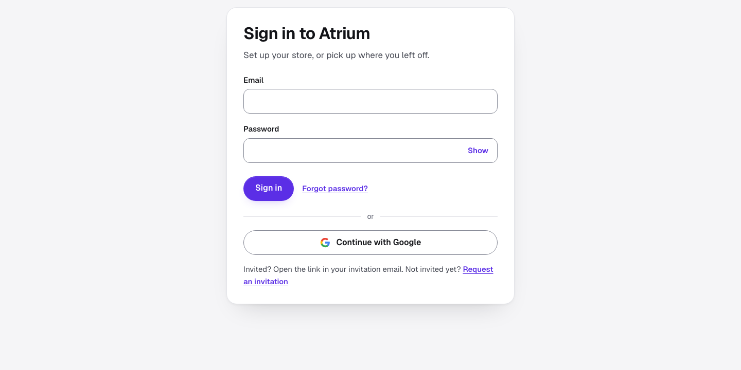 The Atrium sign-in page: email and password fields, a Sign in button, and Continue with Google.